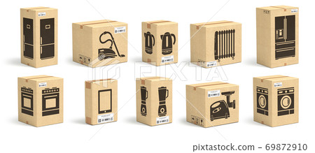 Set of cardboard box with appliances and household kitchen electornics isolated on white background. 69872910