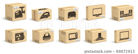 Set of cardboard box with appliances and household kitchen electornics isolated on white background. 69872913