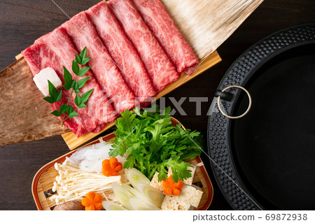 Marbled domestic Japanese beef for sukiyaki 69872938