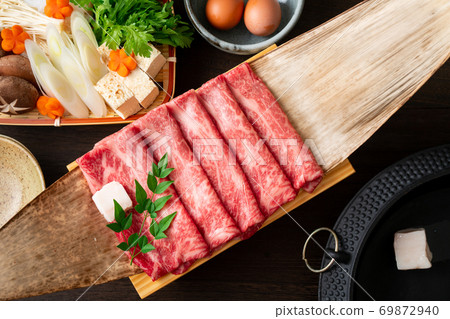 Marbled domestic Japanese beef for sukiyaki 69872940
