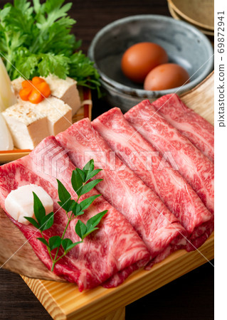 Marbled domestic Japanese beef for sukiyaki 69872941