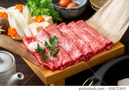 Marbled domestic Japanese beef for sukiyaki Marbled domestic Japanese beef for sukiyaki 69872943