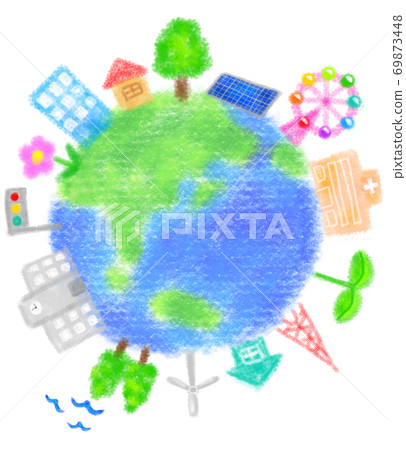 Crayon-style illustration of the earth and the city / Northern Hemisphere 69873448