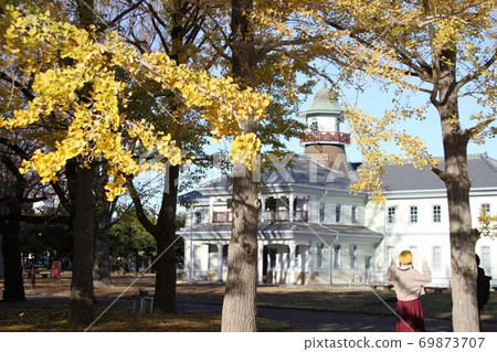 可以俯瞰銀杏樹的黃葉的前水海堂小學的複古外觀 69873707