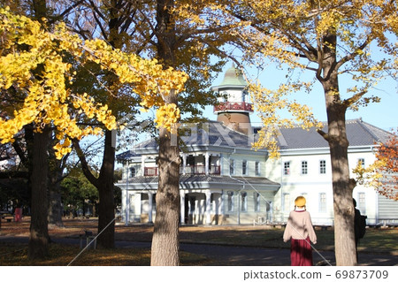 可以俯瞰銀杏樹的黃葉的前水海堂小學的複古外觀 69873709