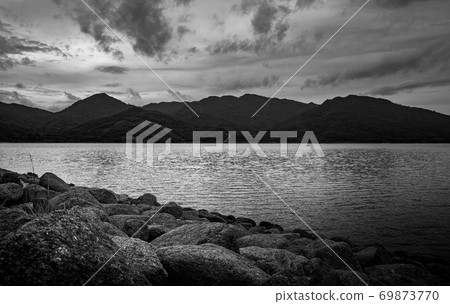 View of landscape nature in sky storm and river in rain season, Black and white and monochrome style 69873770