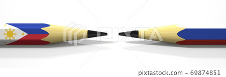 Two pencils with flags of Philippines and Russia, political conflict related 3d rendering Two pencils with flags of Philippines and Russia, political conflict related 3d rendering 69874851