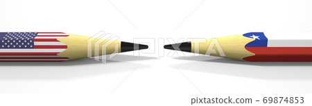Two pencils with flags of the USA and Chile, political conflict related 3d rendering 69874853