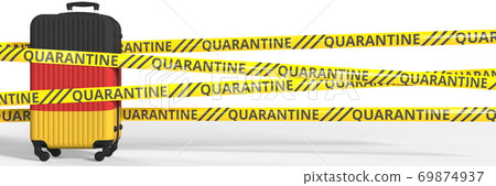 Quarantine warning stripes and a baggage with flag of Germany. Tourism restriction concept, 3d rendering 69874937