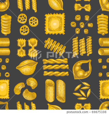 Italian pasta seamless pattern. Hand drawn vector food illustration. Vintage pasta different kinds background. 69875108