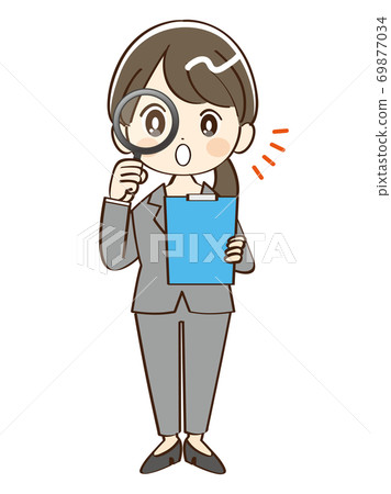 Woman, suit, magnifying glass, check Woman, suit, magnifying glass, check 69877034