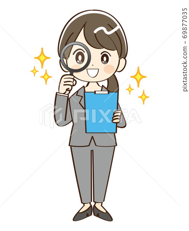 Woman, suit, magnifying glass, smile Woman, suit, magnifying glass, smile 69877035