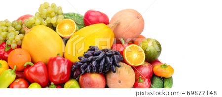 Set of vegetables and fruits isolated on a white background. Wide photo . Free space for text. Set of vegetables and fruits isolated on a white background. Wide photo . Free space for text. 69877148