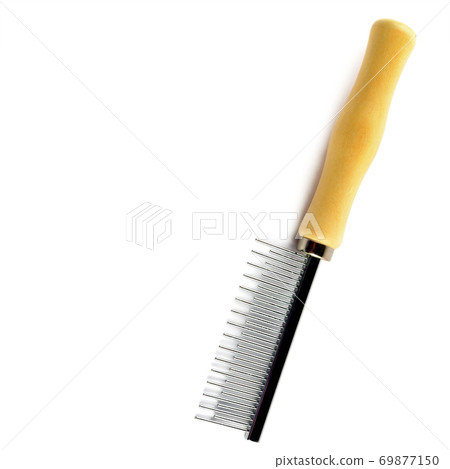 Brush for grooming dog hair isolated on white . Free space for text. Brush for grooming dog hair isolated on white . Free space for text. 69877150