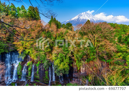 Fuji mountain and Shiraito waterfall in Japan. 69877707