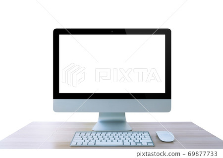 Computer monitor, mouse, keyboard on table isolated white background. Computer monitor, mouse, keyboard on table isolated white background. 69877733