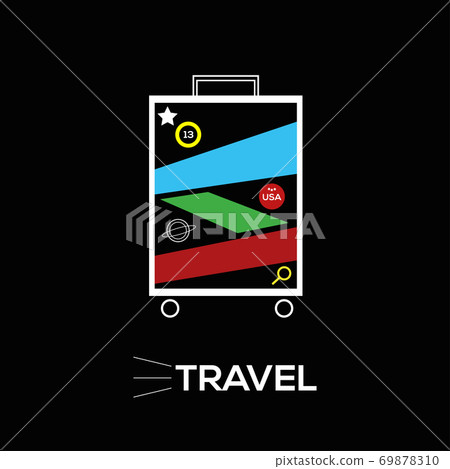 Illustration of a suitcase with white lines on a black background. Vector illustration with many colors and labels on the suitcase. Illustration of a suitcase with white lines on a black background. Vector illustration with many colors and labels on the suitcase. 69878310