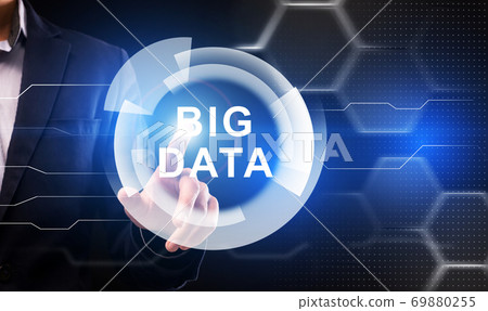 Businessman Pushing Digital Button With Big Data Lettering, Creative Collage Businessman Pushing Digital Button With Big Data Lettering, Creative Collage 69880255