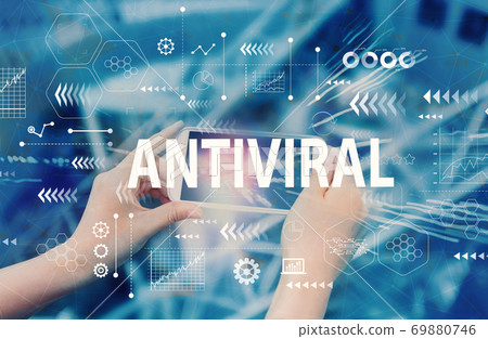 Antiviral theme with person using smartphone Antiviral theme with person using smartphone 69880746