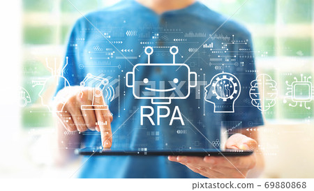 Robotic Process Automation theme with man using a tablet Robotic Process Automation theme with man using a tablet 69880868