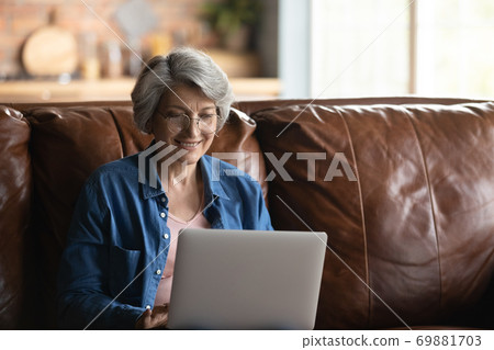 Smiling elderly woman in glasses using laptop at home 69881703
