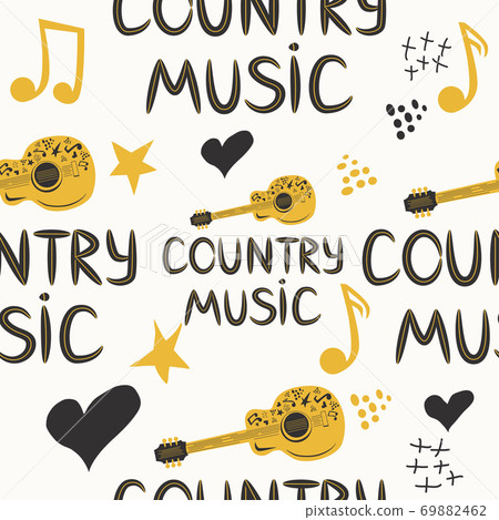 hand-drawn musical seamless pattern with the inscription country music and country guitar, stars, notes, symbols, objects and elements. 69882462