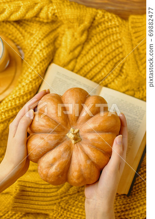 Round ripe pumpkin in woman's hands, open book and warm knitted sweater. 69882477