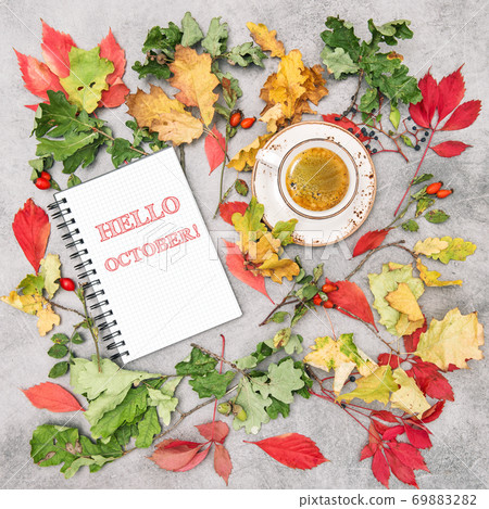 Hello October Paper coffee Autumn flat lay Hello October Paper coffee Autumn flat lay 69883282