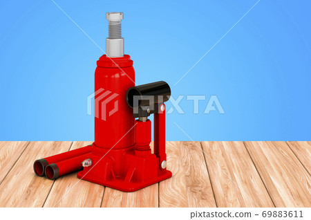 Hydraulic Bottle Jack on the wooden table, 3D rendering Hydraulic Bottle Jack on the wooden table, 3D rendering 69883611
