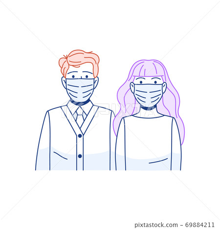 Young people man woman in protective surgical face mask thin line icon. Flu virus coronavirus disease epidemic health safety sign. Outline persons in air pollution mask. Medical vector illustration. 69884211