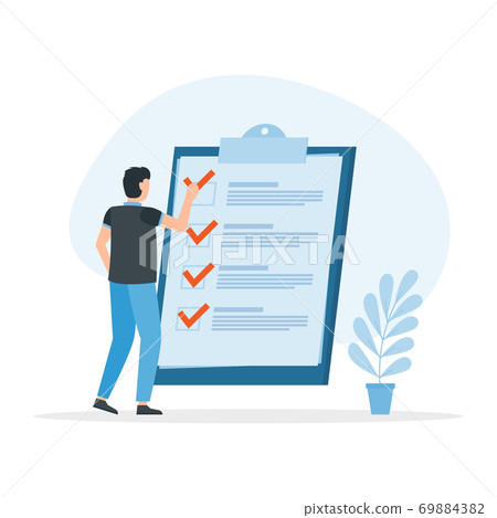 Check list with tick mark, man with questionnaire. Check list with tick mark, man with questionnaire. 69884382