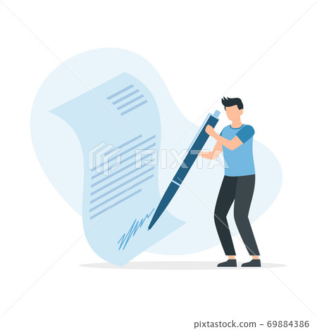 Man leaving signature on legal document with pen. 69884386