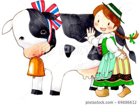 European-style girl and cow [New Year's card material] 69886612