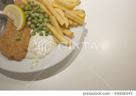 Fish and chips on a dish . 69886845