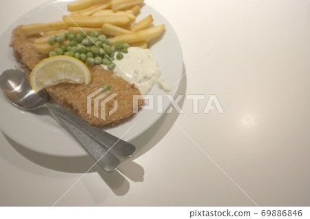Fish and chips on a dish . Fish and chips on a dish . 69886846