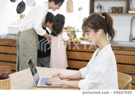 在家工作的女人正走向一台電腦在餐桌旁的形象 在家工作的女人正走向一台電腦在餐桌旁的形象 69887689