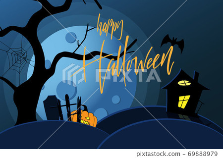 Card with pumpkin and Happy Halloween hand lettering text Card with pumpkin and Happy Halloween hand lettering text 69888979