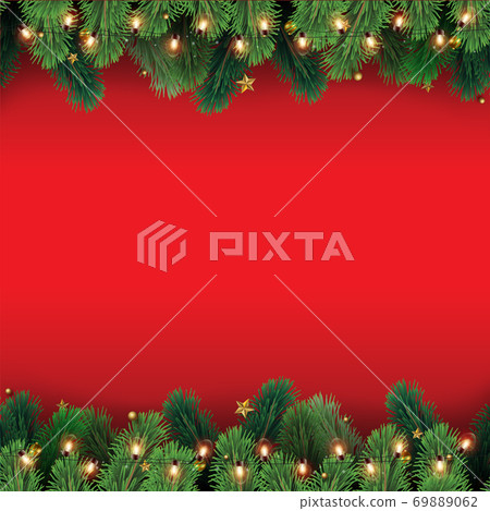Christmas tree branches with decorations on red... - Stock Illustration ...