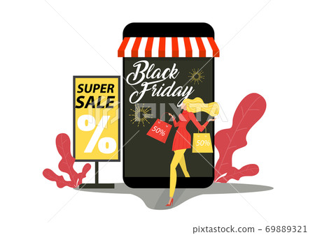 Discount online Shopping. Woman happy shop on Smartphone on black friday shop Flat Vector Illustration 69889321