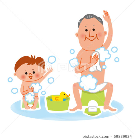 Grandpa and grandson washing their bodies Grandpa and grandson washing their bodies 69889924