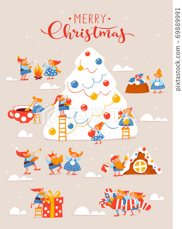Cartoon Christmas hygge card with funny gnomes and lettering. 69889991
