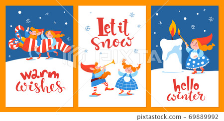 Cartoon Christmas hygge card with funny gnomes and lettering. 69889992