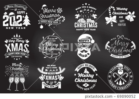 Set of Merry Christmas and Happy New Year stamp, sticker set with snowflakes, hanging christmas ball, santa hat, candy. 69890052