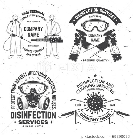 Disinfection and cleaning services badge, logo, emblem. Vector. For professional disinfection and cleaning company. Vintage typography design with disinfectant worker and sprayer Disinfection and cleaning services badge, logo, emblem. Vector. For professional disinfection and cleaning company. Vintage typography design with disinfectant worker and sprayer 69890053