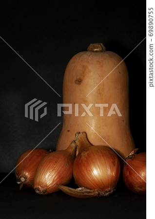vertical art photo of a pear-shaped pumpkin and onion close-up on a black background 69890755
