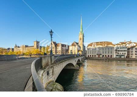 Sunrise with view Zurich city in Switzerland 69890784