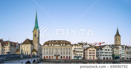 Panorama view of Zurich city skyline with view of Fraumunster church in Switzerland 69890792