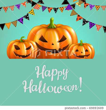 Three Pumpkins Isolated Blue Background Three Pumpkins Isolated Blue Background 69891689