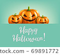 Orange Halloween Pumpkins Isolated Mint Background 69891772