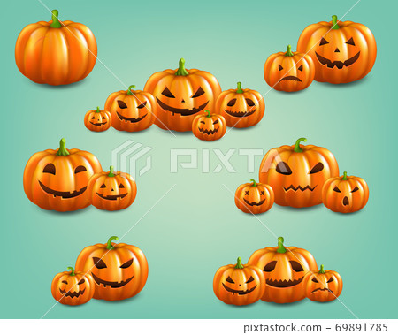 Orange Set Pumpkins Set Isolated Mint Background 69891785